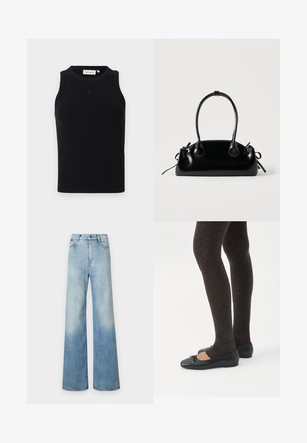 Débardeur noir sans manches en tissu côtelé, avec un col rond et un petit logo à l'avant. Design simple et ajusté.; Jean large en denim bleu clair, avec taille haute, conception à cinq poches et un léger dégradé le long des jambes.; Jambes portant des leggings côtelés foncés associés à des ballerines noires avec de petits détails en nœud sur fond blanc.; Petit sac à main noir brillant avec deux longues anses et des détails à cordon sur les côtés sur un fond clair uni.