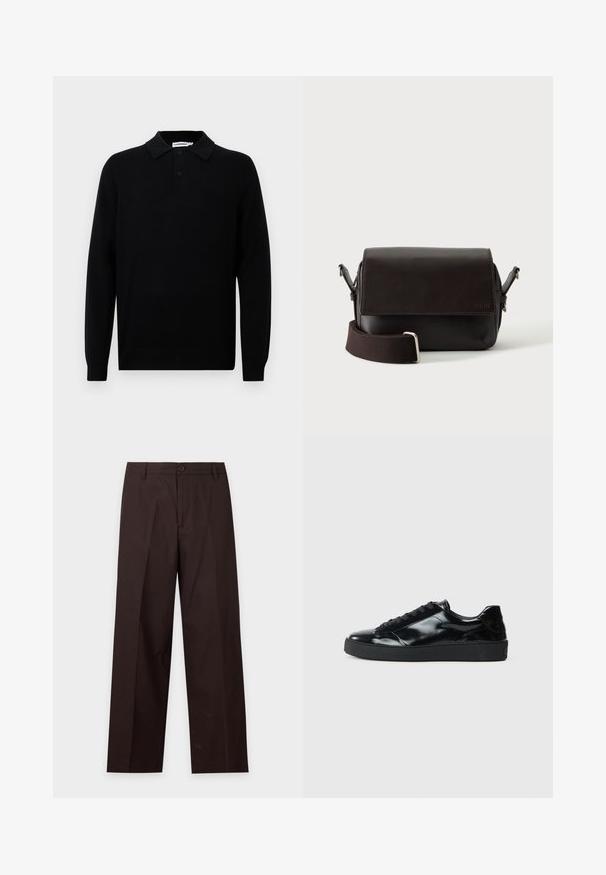 Polo shirt noir à manches longues en tissu doux, avec un col pointu, trois boutons et des poignets côtelés. Texture lisse sans motifs.; Pantalon droit marron foncé avec passants de ceinture, fermeture par bouton et pli sur le devant, présenté sur fond blanc.; Baskets en cuir verni noir avec un bout arrondi, un laçage, une semelle en caoutchouc texturé et une finition lisse.; Sac bandoulière en cuir marron foncé avec fermeture à rabat et sangle en tissu réglable sur fond blanc.