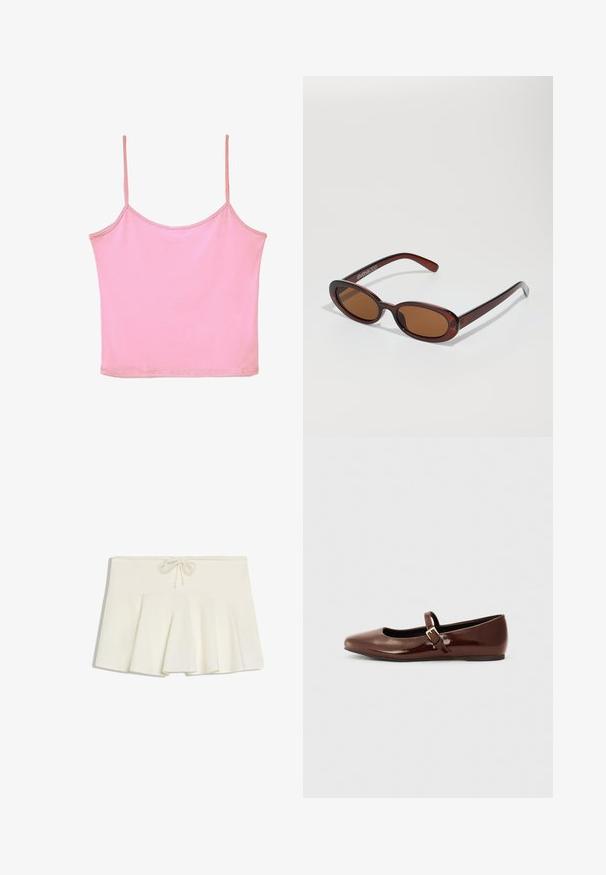Crop top rose sans manches avec fines bretelles en spaghetti et encolure dégagée sur fond blanc.; Mini-jupe plissée blanche avec une taille à cordon et un tissu doux et structuré, posée à plat sur un fond blanc.; Ballerine en cuir verni marron avec un bout carré et une lanière ornée d'une petite boucle dorée. Texture lisse, talon bas et design minimaliste.; Lunettes de soleil rondes teinte brun avec une monture bordeaux brillante. Branches fines avec un détail de marque subtil. Design de verres plats.