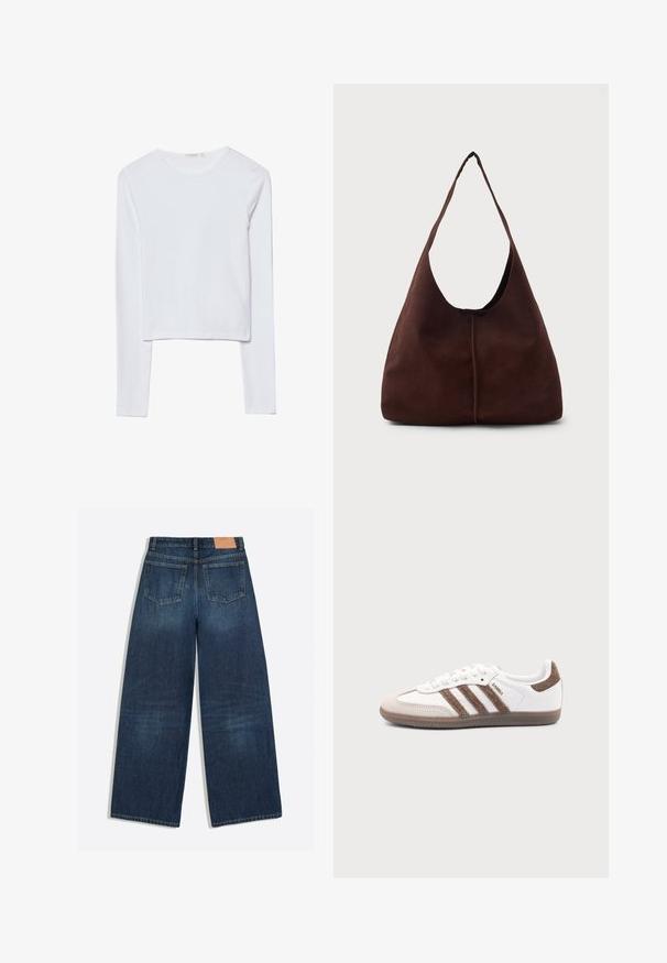 Haut court à manches longues blanc, en coton doux, avec un col rond et une coupe ajustée, comportant des coutures minimes et sans ornements.; Jean denim bleu foncé à jambes larges avec deux poches arrière et une étiquette en cuir marron à la ceinture.; Baskets Adidas Samba blanches avec des bandes en daim marron, semelle en caoutchouc marron et bout en daim beige, vues du côté extérieur sur un fond uni.; Sac hobo en daim marron avec une grande ouverture courbée et une large bandoulière. Présente une couture centrée à l'avant. Texture lisse.