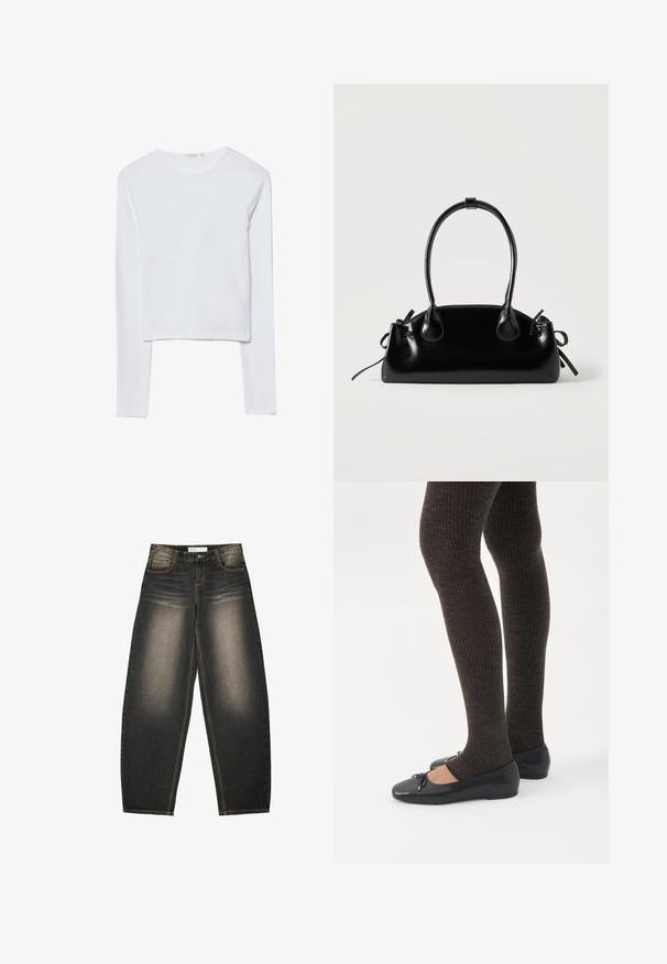 Crop top blanc à manches longues avec un col rond et une texture de tissu simple et lisse.; Jean noir délavé à jambes larges avec poches avant, fermeture par boutons et détails de surpiqûres visibles sur fond blanc.; Jambes portant des leggings côtelés foncés associés à des ballerines noires avec de petits détails en nœud sur fond blanc.; Petit sac à main noir brillant avec deux longues anses et des détails à cordon sur les côtés sur un fond clair uni.