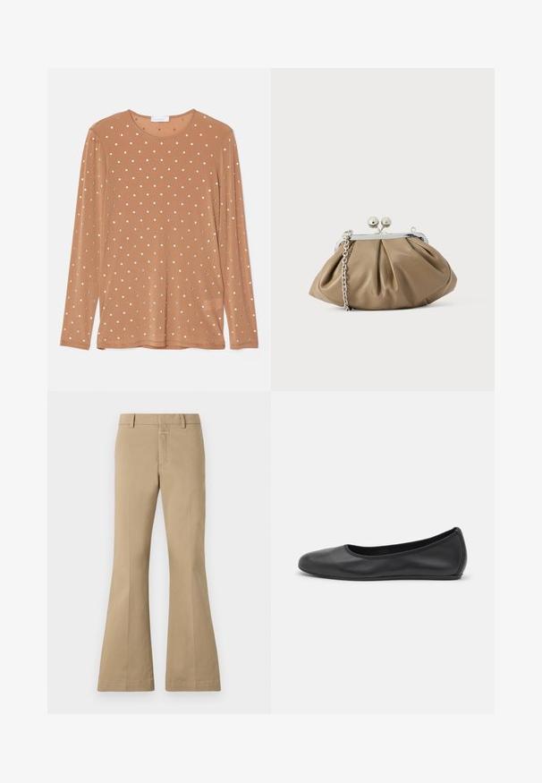 Braunfarbener Langarmoberteil mit rundem Halsausschnitt, verziert mit silbernen runden Pailletten, die in einem Punkte-Muster angeordnet sind.; CLOSED FELISE - Stoffhose - urban beige; Schwarze Leder-Ballettschuhe mit abgerundeter Spitze, glatter Textur, minimalen Nähdetails und einem flexiblen Sohlen-Design.; Lederclutch in sanftem Beige mit abgerundeter Form, plissierter Textur, silbernem Kissenschloss und abnehmbarem Kettenriemen.