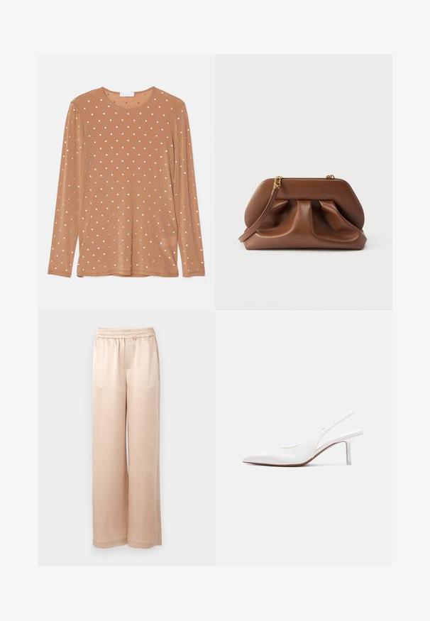 Langærmet brun top med rund halsudskæring, prydet med sølvfarvede cirkulære paletter arrangeret i et prikket mønster.; Lyse beige brede bukser lavet af glat stof med elastisk talje og minimale sømme, med lige snit og uden lommer.; Hvid læder slingback damesko med spids tå, lav kittenhæl og lille dekorativ sløjfe på toppen, vist i sideprofil.; Brun clutchtaske i læder med rynket design, guldfarvet hardware og aftagelig håndledsrem på hvid baggrund.