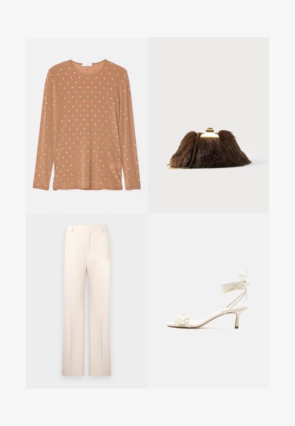 Langærmet brun top med rund halsudskæring, prydet med sølvfarvede cirkulære paletter arrangeret i et prikket mønster.; Beige skræddersyede bukser med lige ben, lavet af letvægtsstof. Har frontfolder og en klassisk talje.; Kremfarvet sandal med lave hæle, bindebånd om anklen og en bred snoet rem over tæerne på en ensartet hvid baggrund.; Brun clutch i imiteret pels med lås og kæderem i guldfarve. Blød tekstur, trekantet form og let fluffy udseende.