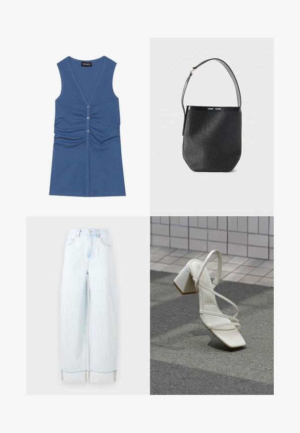 Top sans manches bleu en tissu doux, avec un col en V profond, fermeture à boutons et détail froncé à l'avant.; Jean large en denim bleu clair, doté d'une taille haute, de poches avant et d'un ourlet roulé avec des accents de couture visibles.; Sandale blanche à talon bloc avec des brides croisées, dessus texturé et bout pointu. Doublure intérieure douce et semelle extérieure lisse.; Sac seau noir tissé avec une seule bandoulière réglable et une garniture en cuir lisse en haut, marqué "SAMSØE SAMSØE."