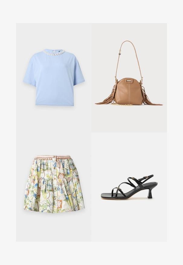 Haut bleu clair à manches courtes avec un col rond orné de broderies florales blanches et de petites perles, sur fond uni.; Jupe à boutons sur le devant avec taille froncée, présentant des motifs tropicaux et nautiques colorés sur un fond clair.; Sandales à strapes en cuir verni noir avec un bout carré et un petit talon carré. Présente des accessoires en métal doré et des brides de cheville réglables.; Petit sac à bandoulière en cuir fauve avec longue bandoulière, détail chaîne dorée et franges des deux côtés sur un fond neutre.