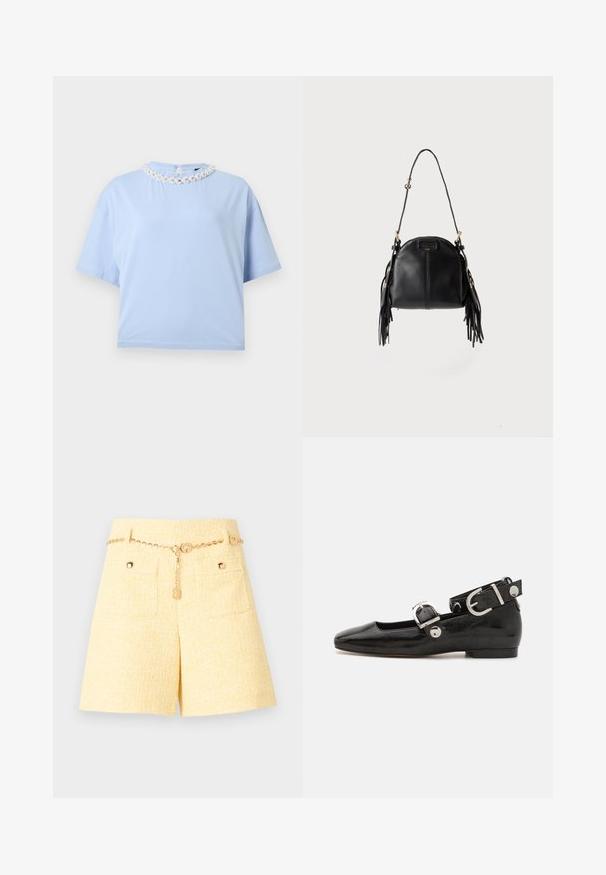 Haut bleu clair à manches courtes avec un col rond orné de broderies florales blanches et de petites perles, sur fond uni.; Shorts taille haute texturés jaunes avec poches avant et ceinture fine en chaîne dorée ornée de détails en forme de breloques circulaires.; Ballerine en cuir verni noir avec un bout carré, sangle de cheville avec des détails en métal argenté et semelle plate. Texture lisse avec un design minimaliste.; Sac à main en cuir noir avec une forme courbée, une longue bandoulière réglable et des franges de chaque côté sur un fond clair.