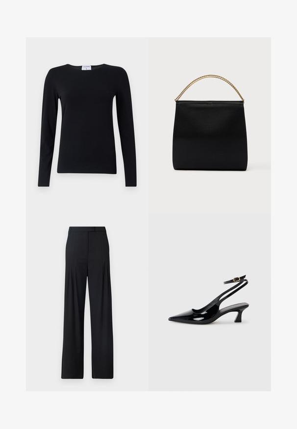 Zwart shirt met lange mouwen van zachte stof, met een ronde hals, rechte snit en minimale naden voor een frisse uitstraling.; Zwarte wijde broek met een vlakke voorkant, plooien en een tailored tailleband. Gemaakt van gladde, lichtgewicht stof.; Zwarte gepatineerde leren slingback hakken met een puntige neus, lage blokhak en een verstelbare enkelband met een gouden gespsluiting.; Zwarte tas van gladde stof met een gestructureerde vorm, een handvat van gouden ketting en een minimalistisch geometrisch ontwerp.