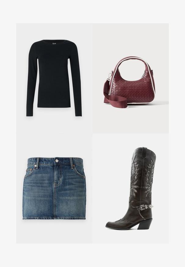 Haut noir à manches longues en tissu doux, avec un col rond et un design ajusté, sans motifs ni détails en métal visibles.; Jupe en denim mini en bleu foncé avec un design à cinq poches, une fermeture à bouton et des accents de couture visibles. Texture lisse avec un léger délavage.; Botte de cowboy en cuir noir avec découpes décoratives, boucle argentée et talon incliné, présentée sur fond blanc.; Sac à main en cuir tressé marron foncé avec poignée courbée, garniture blanche, fermeture éclair argentée et bandoulière large en tissu amovible sur fond uni.