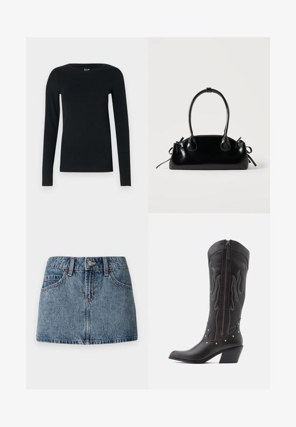 Haut noir à manches longues en tissu doux, avec un col rond et un design ajusté, sans motifs ni détails en métal visibles.; Mini-jupe en denim de teinte bleue medium, avec une taille ajustée, des poches avant et des détails de couture subtils. Fini en tissu lisse et texturé.; Bottes de cowboy en cuir marron avec surpiqûres en forme de flammes, fermeture éclair latérale, clous argentés, bout pointu et talon superposé.; Petit sac à main noir brillant avec deux longues anses et des détails à cordon sur les côtés sur un fond clair uni.