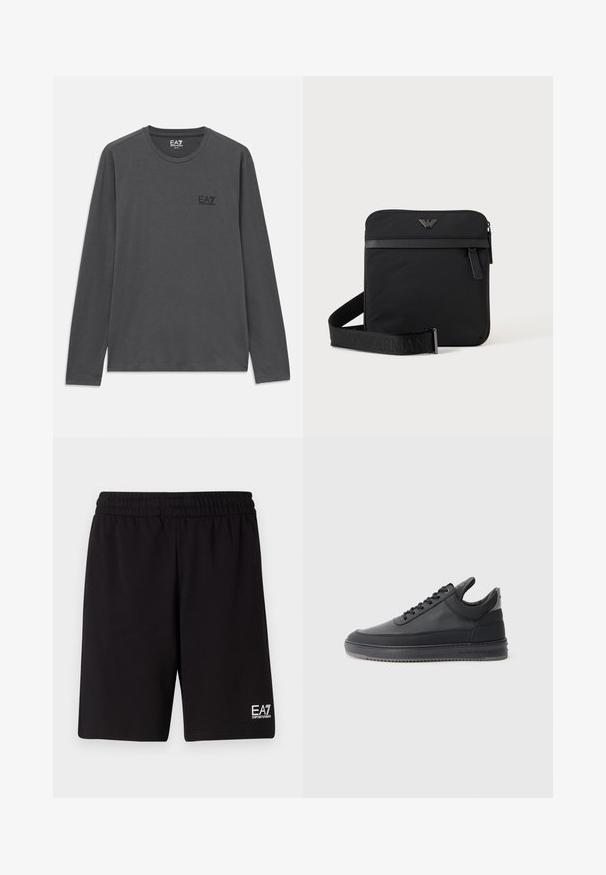 Tmavošedé tričko s dlhým rukávom a okrúhlym výstrihom s malým logom EA7 Emporio Armani na ľavej hrudi.; Čierne športové šortky vyrobené z mäkkej tkaniny, s elastickým pásom a malým bielym logom na dolnej pravej strane.; Čierne kožené tenisky s textúrovaným povrchom, viazacím dizajnom, nízkym strihom a šedou gumovou podrážkou s drážkovaným okrajom.; Čierna štvorcová kabelka cez rameno so zipsom, predným vreckom a nastaviteľným popruhom s vyrazeným názvom značky.