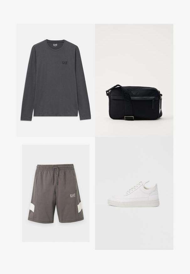 Mørkegrå langærmet T-shirt med rund halsudskæring og lille EA7 Emporio Armani-logo på venstre bryst.; Grå elastiske shorts i taljen med snøre, sidelommer, hvide stribeaccents på benene og hvid EA7 Emporio Armani logo på venstre lår.; Hvid lædersneaker med rundet tå, flad sål og snørebånd foran. Har syningsdetaljer og polstret krave for komfort.; Sorte nylon skuldertaske med en kontrasterende rem, slank rektangulær form, logo detaljer og en lynlåslomme på forsiden.