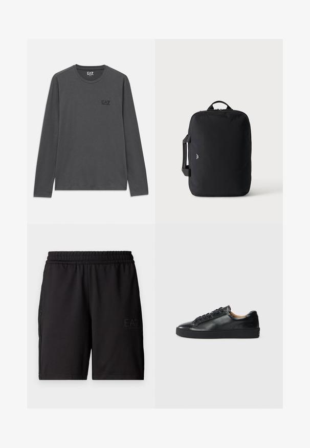 Mørkegrå langærmet T-shirt med rund halsudskæring og lille EA7 Emporio Armani-logo på venstre bryst.; Sorte sportshorts lavet af letvægtsstof, med en elastisk talje og mesh-sidelapper. Brandlogo trykt foran.; Sorte lædersneakers med en glat overflade, rund tå og snørebåndslukning. Har en tyk gummisål og minimal branddetalje.; Sort rektangulær rejsetaske med top- og sidelommer, minimalistisk design og lille logo på fronten mod en ensartet lys baggrund.