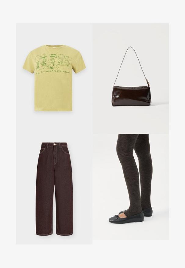 T-shirt jaune avec des personnages Peanuts verts debout et Snoopy couché, et le texte "Tous mes amis sont des personnages !"; Jean large taille haute brun foncé avec poches avant, passants de ceinture, fermeture par bouton et coutures visibles sur fond uni.; Jambes portant des leggings côtelés foncés associés à des ballerines noires avec de petits détails en nœud sur fond blanc.; Sac à bandoulière rectangulaire en cuir marron foncé avec une seule sangle fine et une boucle dorée sur un fond uni.