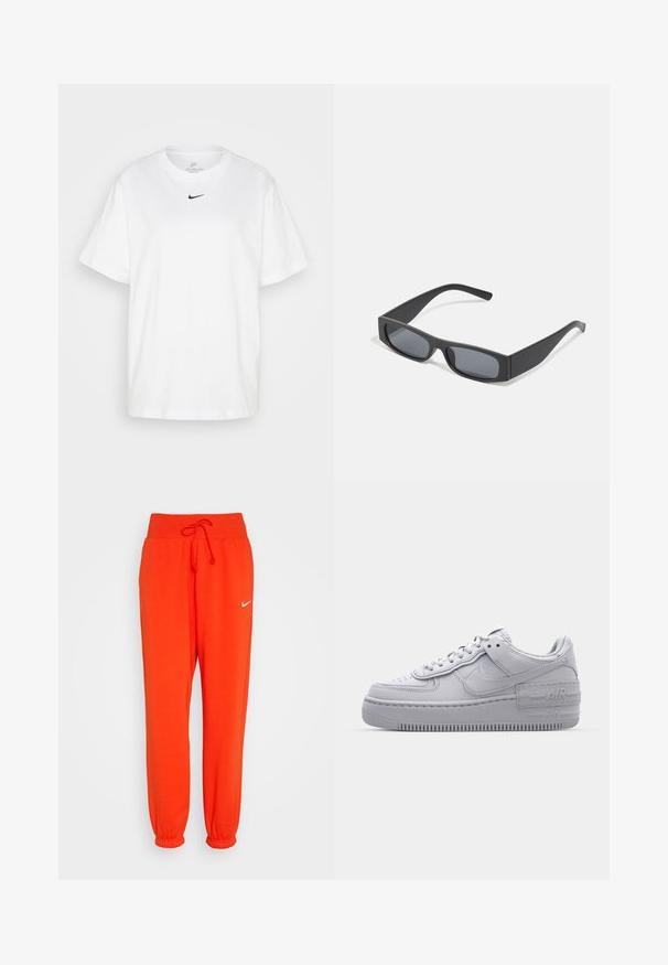 Biela bavlnená tričko s okrúhlym výstrihom, krátkymi rukávmi a čiernym logom Nike potlačeným na hrudníku. Jednoduchý a klasický dizajn.; Nike Sportswear W PHNX FLC HR OS - Tepláky - picante red/sail; Šedé tenisky Nike Air Force 1 s perforovanou špičkou, hladkým koženým zvrškom, hrubou podrážkou a embosovaným detailom 'AIR' na päte.; Čierne obdĺžnikové slnečné okuliare s tmavými sklami a hrubými matnými rámami. Ramena sú mierne zúžené s hladkým povrchom.