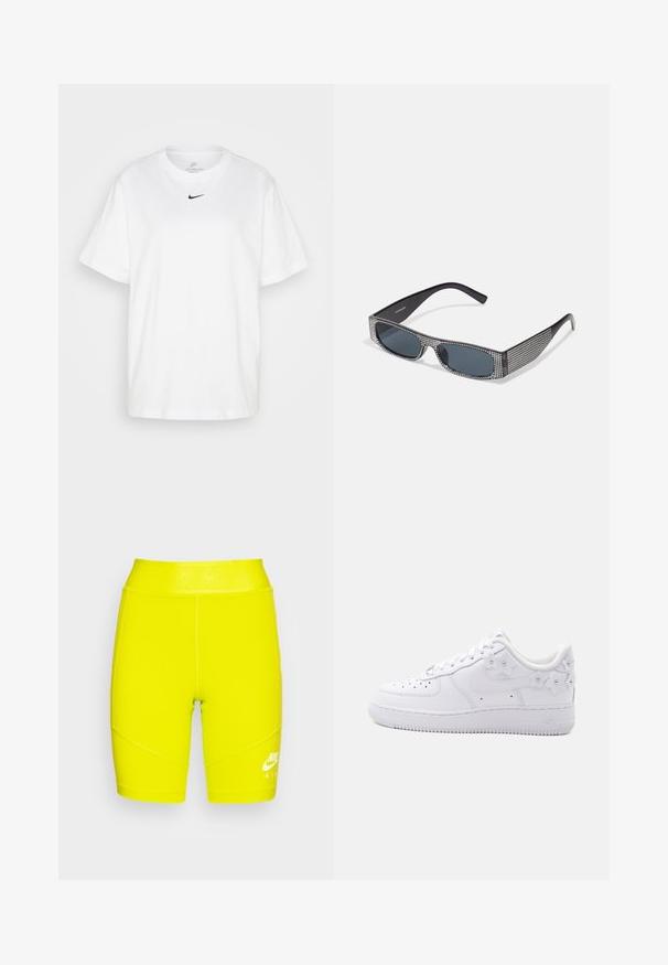 Biela bavlnená tričko s okrúhlym výstrihom, krátkymi rukávmi a čiernym logom Nike potlačeným na hrudníku. Jednoduchý a klasický dizajn.; Žlté športové šortky s vysokým pásom vyrobené z elastického materiálu, so bielym logom Nike a textom na páse, s podrobnými švovými vzormi.; Biely nízky teniska s perforovanou špičkou, logom Nike a dekoratívnymi bielymi kvetinovými prvkami na päte a boku.; Čierne slnečné okuliare s šedými sklami, so sieťovým vzorom malých kovových kamienkov pozdĺž rámov. Hladký povrch, ostrý dizajn.
