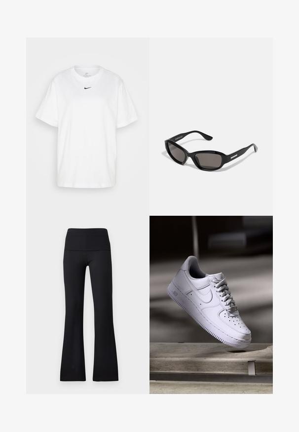 Biela bavlnená tričko s okrúhlym výstrihom, krátkymi rukávmi a čiernym logom Nike potlačeným na hrudníku. Jednoduchý a klasický dizajn.; Čierne rebrované zvonové legíny so širokým pásom, ktoré majú hladkú textúru bez viditeľných kovových prvkov alebo vzorov.; Biele tenisky Nike Air Force 1 vznášajúce sa nad betónovým povrchom so tieňmi v minimalistickom prostredí.; Čierne slnečné okuliare s obdĺžnikovým rámom, tmavými šošovkami, hladkým plastovým materiálom a kovovým akcentom na ramene.