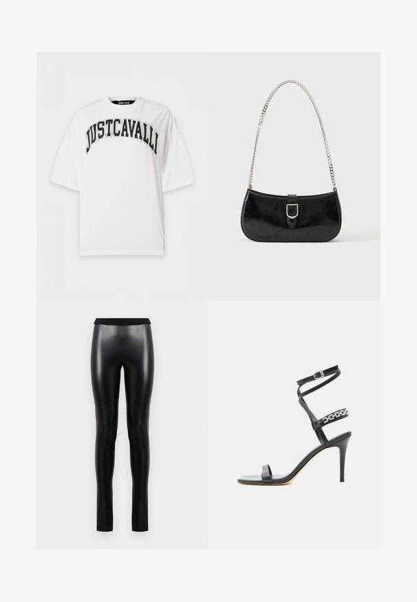 Λευκό oversized t-shirt με μαύρο έντονο κείμενο "JUSTCAVALLI" καμπύλο κατά μήκος του στήθους και κοντά μανίκια.; Μαύρο κολάν από τεχνητό δέρμα με λεία υφή, εφαρμοστή σιλουέτα και φαρδύ ελαστικό μέσο. Χωρίς ορατές ραφές ή σχέδια.; Μαύρο σανδάλι με ψηλό τακούνι, λεπτό λουράκι στον αστράγαλο, λουράκι στη μέση του ποδιού διακοσμημένο με ασημένιες αλυσίδες και ανοιχτή μύτη.; Μαύρη τσάντα ώμου από δερμάτινο γυαλιστερό υλικό με ασημένια αγκράφα και ασημένια αλυσίδα, εμφανιζόμενη σε απλό φωτεινό φόντο.