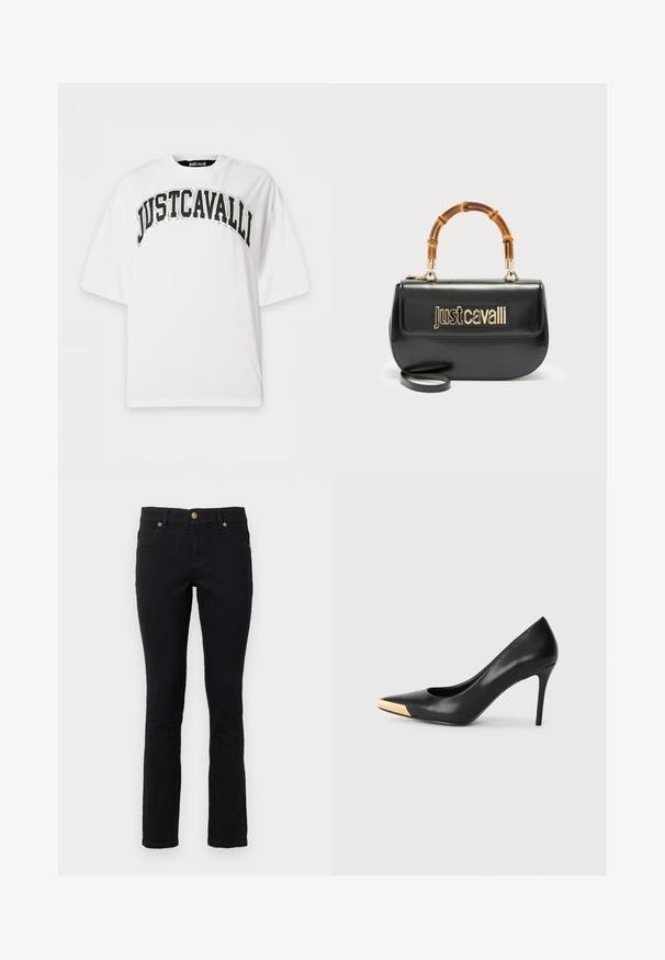 Λευκό oversized t-shirt με μαύρο έντονο κείμενο "JUSTCAVALLI" καμπύλο κατά μήκος του στήθους και κοντά μανίκια.; Μαύρα τζιν παντελόνια με κανονική γραμμή, πέντε τσέπες, κούμπωμα με κουμπί και χρυσές λεπτομέρειες. Μαλακή υφή με ελάχιστες κατασκευαστικές λεπτομέρειες.; Μαύρη δερμάτινη γόβα με ψηλό τακούνι και μυτερή μύτη. Διαθέτει μεταλλική χρυσή λεπτομέρεια στο καπάκι της μύτης. Λείο επιφάνεια με κομψό σχέδιο.; Μαύρη δερμάτινη τσάντα χειρός με χρυσό λογότυπο "Just Cavalli" στο μπροστινό μέρος και καμπυλωτή λαβή από μπαμπού, με αποσπώμενο μακρύ λουρί.