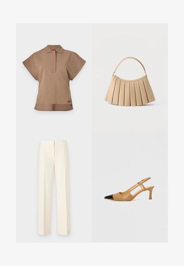 Polo marron à manches courtes avec col, patte de boutonnage avant et ourlet arrière légèrement plus long.; Pantalon droit sur mesure couleur blanc cassé avec pli avant, ceinture et fermeture avant dissimulée sur un fond uni.; Escarpins slingback couleur fauve avec embout pointu noir, côtés découpés et talon bloc de hauteur moyenne. Matière en cuir lisse.; Sac à main plissé beige avec fermeture éclair incurvée en haut et poignée arquée simple, présenté sur un fond blanc.