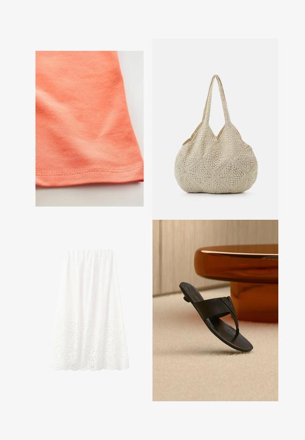 Camiseta de manga corta en un color naranja coral, hecha de una suave tela de algodón con un ligero estiramiento. Presenta un dobladillo curvado y costuras finas.; Falda midi blanca con cinturilla elástica y bordado floral con ojales a lo largo del dobladillo festoneado.; Sandalia negra de cuero tipo tanga con tacón bajo flotando sobre una alfombra beige cerca de una mesa redonda marrón en un entorno interior minimalista.; Even&Odd Bolso shopping - off-white