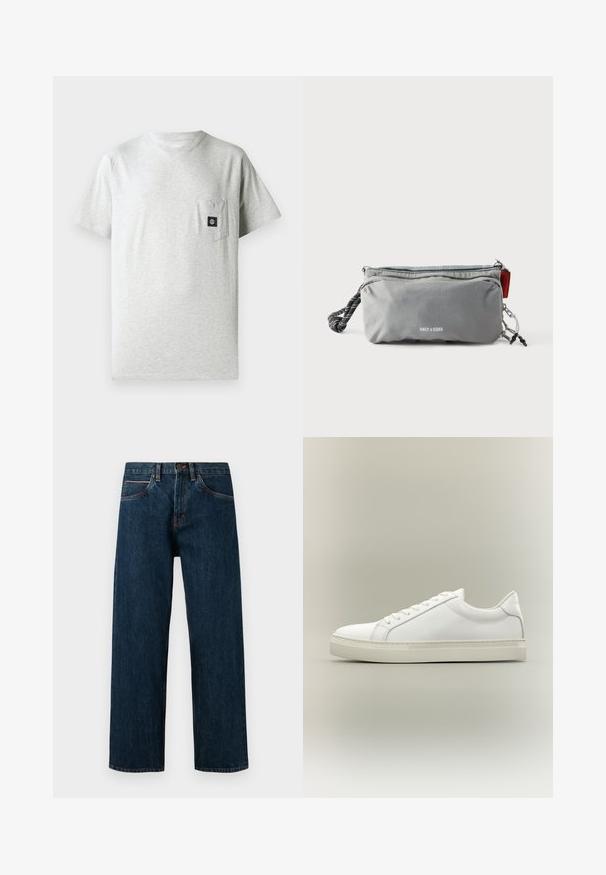 Herren T-Shirt aus grauer Baumwolle mit rundem Halsausschnitt, kurzen Ärmeln und einer kleinen Brusttasche auf der linken Seite, die mit einem kleinen schwarzen Logo-Patch verziert ist.; Dunkelblaue Jeans aus Denim im geraden Schnitt, mit fünf Taschen und kontrastierendem orangefarbenem Nähen entlang der Nähte.; Weißer Sneaker mit niedrigem Schaft, vorn mit Schnürung und dicker Sohle, aus der Seitenansicht vor neutralem Hintergrund.; Graue rechteckige Tasche mit Reißverschlüssen, schwarz-weißem Griff aus Seil an einer Seite und dem Schriftzug "ONLY & SONS" vorne in der Mitte.