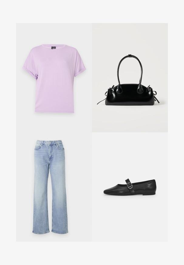 T-shirt lilas à manches courtes en tissu doux, avec une coupe décontractée et des manches retroussées. Encolure ronde simple sans motifs ni accents.; Jean large bleu clair en denim, avec une taille haute, cinq poches et un ourlet légèrement effiloché.; Chaussure plate en cuir noir avec un bout arrondi, une seule sangle réglable à boucle et une texture lisse et brillante. Design minimaliste avec un petit talon.; Petit sac à main noir brillant avec deux longues anses et des détails à cordon sur les côtés sur un fond clair uni.