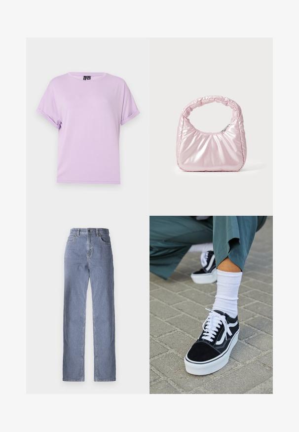 Lila T-Shirt mit kurzen Ärmeln aus weichem Stoff, mit lockerem Schnitt und umgeschlagenen Bündchen. Schlichte Crew-Halsausschnitt ohne Muster oder Akzente.; Gestreifte Denim-Jeans mit geradem Bein, ausgestattet mit einem Knopf- und Reißverschluss, fünf Taschen und einem leichten Farbverlauf.; Schwarze Wildledersneaker mit weißen Akzenten und Schnürsenkeln, ausgestattet mit einer dicken weißen Sohle und kontrastierenden Nähten, kombiniert mit einer weißen Socke.; Rosa, gepolsterte Handtasche mit abgerundeter Form, aus glänzendem Material gefertigt. Verfügt über einen gerafften Griff und einen Reißverschluss für sicheren Zugang.