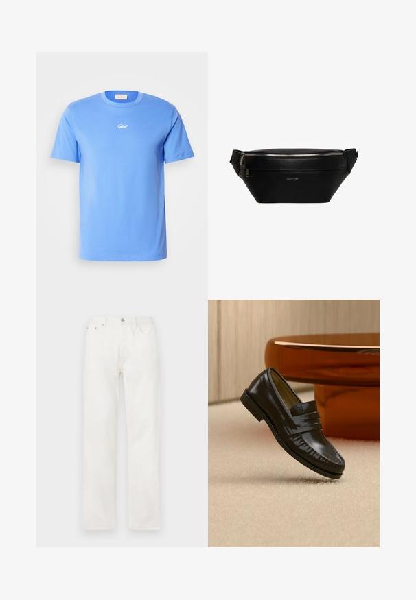 T-shirt en coton bleu à manches courtes avec un col rond, présentant un petit logo blanc "Gant" centré sur la poitrine. Texture douce, coupe décontractée.; Jean en denim blanc coupe droite avec poches avant, passants pour ceinture et fermeture par bouton à la taille, présenté sur un fond uni.; Mocassin en cuir noir brillant avec un détail de bride, posé sur un tapis beige près d'une table basse ronde en bois brun dans une pièce doucement éclairée.; Sac banane en cuir noir Calvin Klein avec fermeture éclair argentée et sangle réglable, logo minimaliste au centre devant.