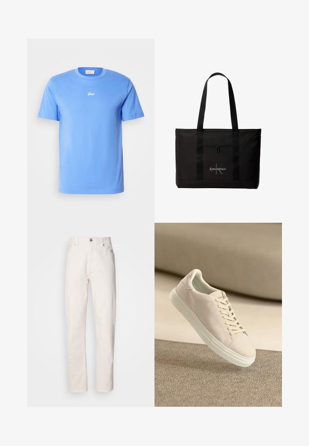 Blaues kurzärmliges Baumwoll-T-Shirt mit Rundhalsausschnitt, das ein kleines weißes "Gant"-Logo in der Mitte der Brust trägt. Weicher Stoff, lässige Passform.; Weiße Denim-Jeans mit geradem Bein, Knopf- und Reißverschluss, Gürtelschlaufen sowie Vorder- und Hintertaschen, auf einfarbigem Hintergrund gezeigt.; Beige Wildleder-Sneaker mit weißer Sohle und Schnürsenkeln, die über einem strukturierten beigen Teppich vor einem sanften beigen Hintergrund schwebt.; Schwarze Calvin Klein Tote-Tasche mit zwei langen Griffen und Fronttasche, mit dem Markenlogo in Weiß und Grau.