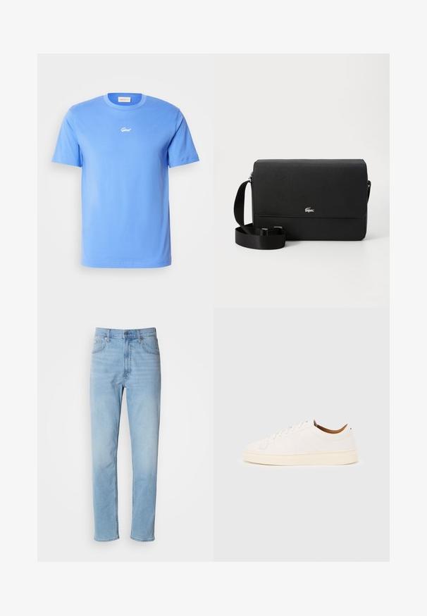 T-shirt en coton bleu à manches courtes avec un col rond, présentant un petit logo blanc "Gant" centré sur la poitrine. Texture douce, coupe décontractée.; Jean en denim bleu clair avec une coupe droite, cinq poches et passants de ceinture. Le tissu présente une texture lisse avec un léger effet dégradé.; Baskets blanches basses avec un design à lacets, des détails de couture minimalistes, et une semelle couleur crème sur un fond gris clair.; Sac en cuir noir à bandoulière avec une texture lisse, un rabat avant, un accent logo argenté et une bandoulière en tissu réglable.