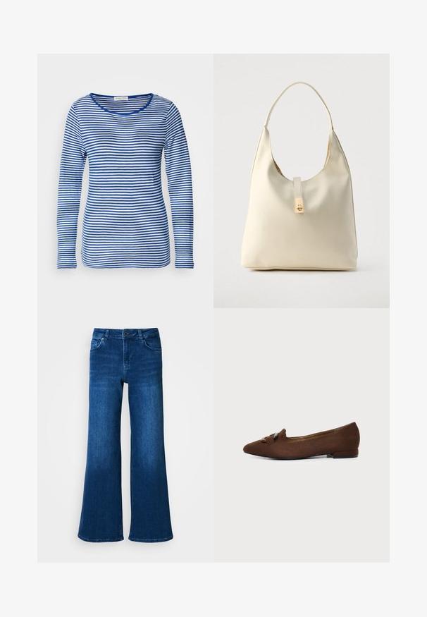 Camisa de manga larga con escote redondeado, que presenta rayas horizontales alternadas en azul y blanco. Fabricada con un tejido suave y ligero.; Jeans anchos de mezclilla azul con una cintura alta, cuentan con cinco bolsillos, cierre de botón y cremallera, y una textura suave y uniforme.; Zapato plano marrón con puntera puntiaguda y detalle decorativo de hebilla en la parte superior, sobre un fondo claro y liso.; Bolso hobo de cuero color crema con una sola correa para el hombro, textura suave y detalle de cierre metálico dorado en el frente.