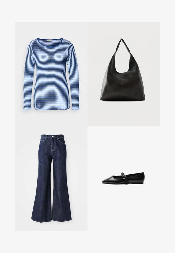 Langærmet skjorte med scoop-hals, prydet med skiftende blå og hvide vandrette striber. Fremstillet af blødt, letvægtsstof.; Mørke denim flared jeans med høj talje, der har knap- og lynlåslukning. Hvide syninger og brede ben skaber en struktureret silhuet.; Sorte flade sko lavet af læder med spidse tæer, justerbar rem med metalspænde, glat tekstur og minimalistisk design.; Sort skuldertaske i glat læder med en bred, enkelt strop og et afslappet, minimalistisk design mod en ensfarvet baggrund.