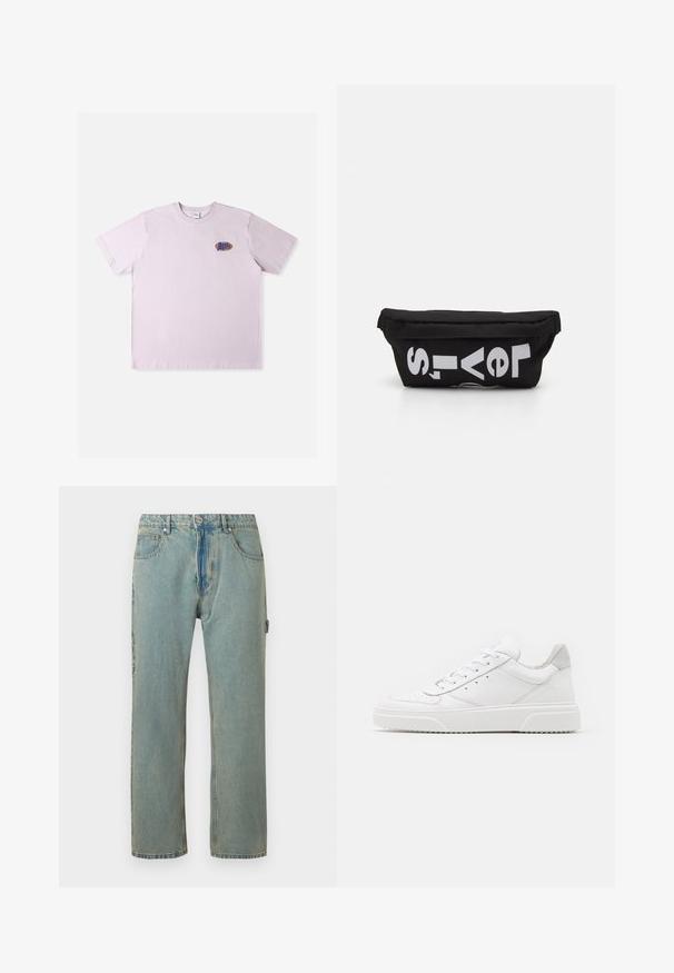 Roze katoenen T-shirt met korte mouwen, met een klein meerkleurig logo op de linkerborst. Eenvoudig, ontspannen ontwerp.; Lichtblauwe, loszittende denim jeans met vijf zakken, een knoopsluiting en zichtbare stiksels. De stof heeft een vervaagde, gestructureerde uitstraling.; Witte leren sneakers met een gladde afwerking, ronde neus, platte veters en een gestructureerde zool. Grijze suède accent bij de hiel.; Zwarte stoffen tas met een platte vorm, voorzien van vet witte tekst. De ritssluiting bevindt zich aan de bovenkant, met een lus-detail aan één kant.