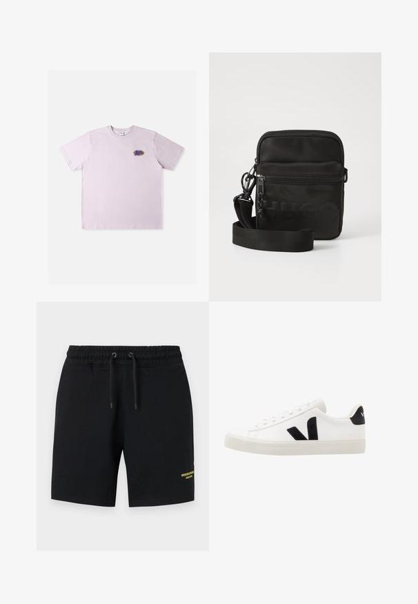 Roze katoenen T-shirt met korte mouwen, met een klein meerkleurig logo op de linkerborst. Eenvoudig, ontspannen ontwerp.; Zwarte shorts van katoen met een elastische tailleband, trekkoorddetail en gele tekstaccent aan de onderkant van het linkerpijpje.; Witte leren sneaker met zwarte suède accenten; voorzien van een rubberen zool, ronde neus en een klassieke vetersluiting. Zijkant met logo in het zwart.; Zwarte nylon schoudertas met ritssluiting, verstelbare schouderband en geperste "HUGO" logo op de voorkant. Glad oppervlak, rechthoekige vorm.