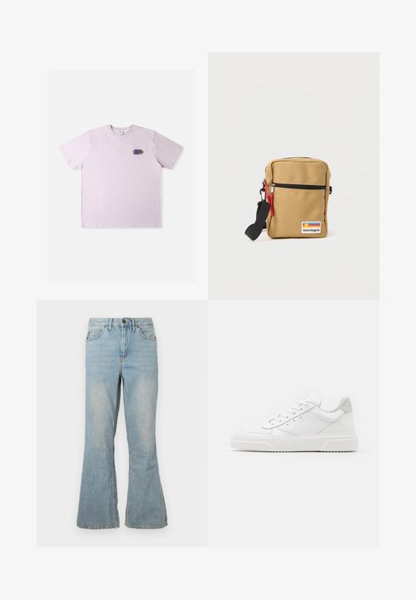 Rosa Baumwoll-T-Shirt mit kurzen Ärmeln, das ein kleines mehrfarbiges Logo auf der linken Brustpartie zeigt. Einfaches, legeres Design.; Helleblaue, ausgestellte Jeans aus Denim mit mittelhohem Bund, fünf Taschen und sichtbaren Nähten. Sie zeichnet sich durch eine glatte Textur und einen regulären Reißverschluss aus.; Weiße Leder-Sneaker mit glatter Oberfläche, rundem Zehenbereich, flachen Schnürsenkeln und strukturiertem Schuhsohlen. Graues Wildleder-Detail an der Ferse.; Kleine hellbraune Umhängetasche mit schwarzem Reißverschluss, roten Reißverschlusszippern, verstellbarem schwarzem Riemen und buntem "montagne"-Aufnäher auf der Vorderseite.