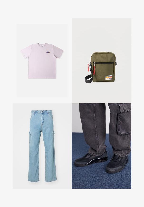 Rosa Baumwoll-T-Shirt mit kurzen Ärmeln, das ein kleines mehrfarbiges Logo auf der linken Brustpartie zeigt. Einfaches, legeres Design.; Helle blaue Denim-Cargohosen mit weitem Bein, ausgestattet mit zwei seitlichen Cargotaschen und einem klassischen Knopfverschluss. Strukturierter Stoff mit ausgewaschenem Finish.; Schwarze Sportschuhe mit einer strukturierten Oberfläche, glatten Akzenten und einer chunky Sohle, kombiniert mit dunklen, lässig sitzenden Cargo-Hosen.; Kompakte Umhängetasche in Olivgrün mit schwarzem Riemen, Frontreißverschlusstasche mit roten Laschen und "montagne"-Aufnäher mit Sonnenuntergangsstreifen.