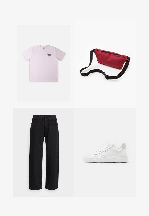 Roze katoenen T-shirt met korte mouwen, met een klein meerkleurig logo op de linkerborst. Eenvoudig, ontspannen ontwerp.; Zwarte denim wide-leg broek met een hoge taille, voorzien van vijf zakken en een knoopsluiting. Stof heeft een zachte textuur en een lichte rek.; Witte leren sneakers met een gladde afwerking, ronde neus, platte veters en een gestructureerde zool. Grijze suède accent bij de hiel.; Rode stoffen heuptas met een bovenste ritssluiting, verstelbare zwarte riem en een gestroomlijnd ontwerp. Gladde textuur zonder zichtbare patronen.