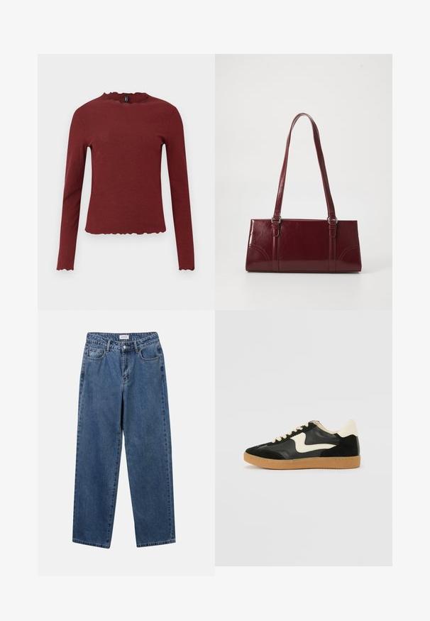 Top burdeos de manga larga hecho de tejido acanalado, con un escote y un dobladillo en forma de ondas, y una silueta ajustada.; Jeans de mezclilla azul clásico con un diseño de pierna recta, cinco bolsillos y cierre de botón. Presenta un lavado medio y una textura resistente.; Zapatillas de deporte de ante y cuero negro con un swoosh lateral en crema y un talón en crema claro. Presenta cordones beige y una suela de goma marrón.; Bolso burdeos hecho de material brillante, de forma rectangular, con dos asas para el hombro y sutiles acentos curvados en la parte frontal.