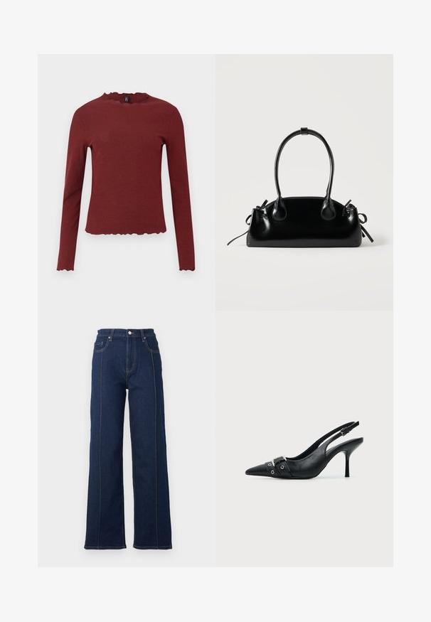 Top burdeos de manga larga hecho de tejido acanalado, con un escote y un dobladillo en forma de ondas, y una silueta ajustada.; Jeans de mezclilla de corte ancho en color azul oscuro con costuras prominentes, tiro alto y cinco bolsillos. Presenta un cierre frontal con botón y cremallera.; Zapato de tacón alto tipo slingback de piel negra con puntera puntiaguda, con hebilla y detalle de tira con ojetes en la parte delantera.; Pequeño bolso negro brillante con dos asas largas y detalles de cordón lateral sobre un fondo claro liso.