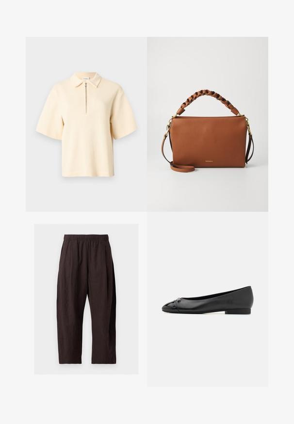 Polo beige à manches courtes avec un tissage texturé, doté d'une fermeture éclair à mi-hauteur et d'un col classique.; Pantalon ample marron foncé avec une ceinture élastique et des jambes droites, présenté sur un fond clair uni.; Ballerines noires avec un embout en vernis, un dessus en cuir élégant et un petit talon carré. Un petit ornement décoratif est présent à l'extrémité.; Sac à main en cuir marron avec une surface texturée, une poignée supérieure tressée, des accessoires en finition dorée et une bandoulière réglable. Design minimaliste.