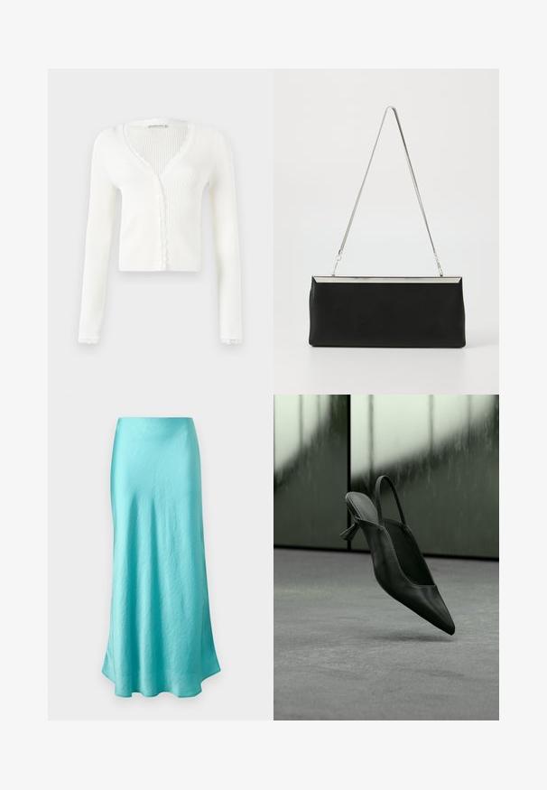 Λευκό ριγέ μακρυμάνικο cropped cardigan με κουμπιά και δαντέλα στις μανσέτες και τον λαιμό.; Φούστα σε ανοιχτό μπλε χρώμα, ψηλόμεση, μέχρι τον αστράγαλο, με λείο, ελαφρώς γυαλιστερό ύφασμα και διακριτή υφή κυμάτων.; Μαύρο δερμάτινο γόβα με λουράκι στο πίσω μέρος και μυτερή μύτη που αιωρείται πάνω από γκρι χαλασμένο πάτωμα, θολός πράσινος τοίχος στο φόντο.; Μαύρη δερμάτινη τσάντα χειρός με ασημί μεταλλικό χερούλι και κομψό ορθογώνιο σχήμα. Ματ υφή και μίνιμαλ σχεδίαση με μεταλλικό ακ Accent.