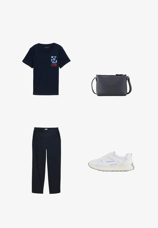 T-shirt en coton bleu marine à manches courtes, avec une impression de poche ornée de cœurs bleus et un texte rouge disant "je t'aime pour toujours."; Pantalons larges bleu marine foncé en tissu texturé. Dispose d'une taille élastique et de poches latérales. Design à coupe droite.; Chaussure de sport blanche avec une tige en mesh et en synthétique, présentant des accents argentés et une semelle en caoutchouc texturée, étiquetée "TOM TAILOR."; TOM TAILOR ELIS CROSS BAG S - Sac bandoulière - dark blue