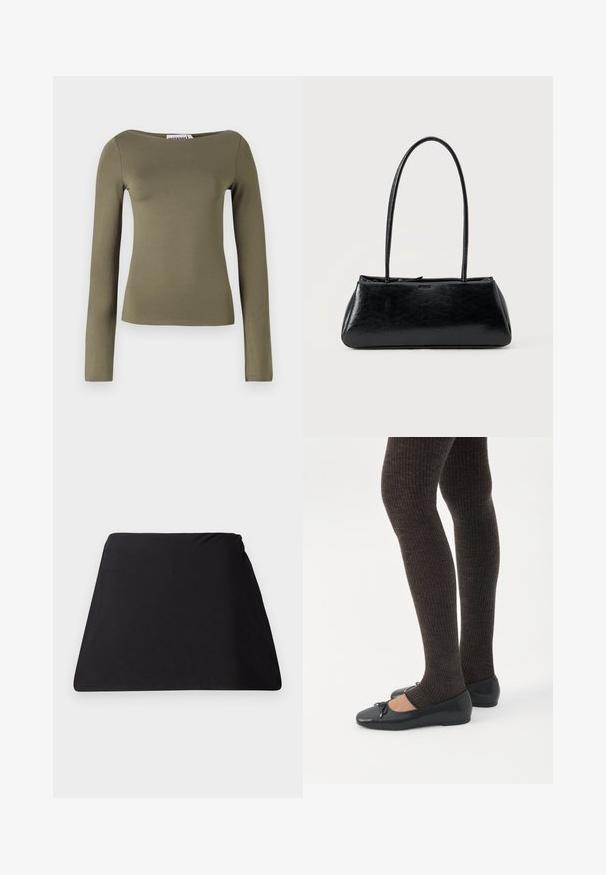Top verde oliva de manga larga con un diseño ajustado, hecho de una tela suave y elástica con un escote ancho y costuras mínimas.; Cubierta de tela trapezoidal negra con textura suave, diseño sin costuras y sin hardware visible. Forma simplista adecuada para múltiples usos.; Piernas con leggings oscuros acanalados combinados con bailarinas negras que presentan pequeños detalles de lazo sobre un fondo blanco.; Bolso de hombro rectangular negro con correas largas y delgadas y una textura lisa y brillante sobre un fondo liso.