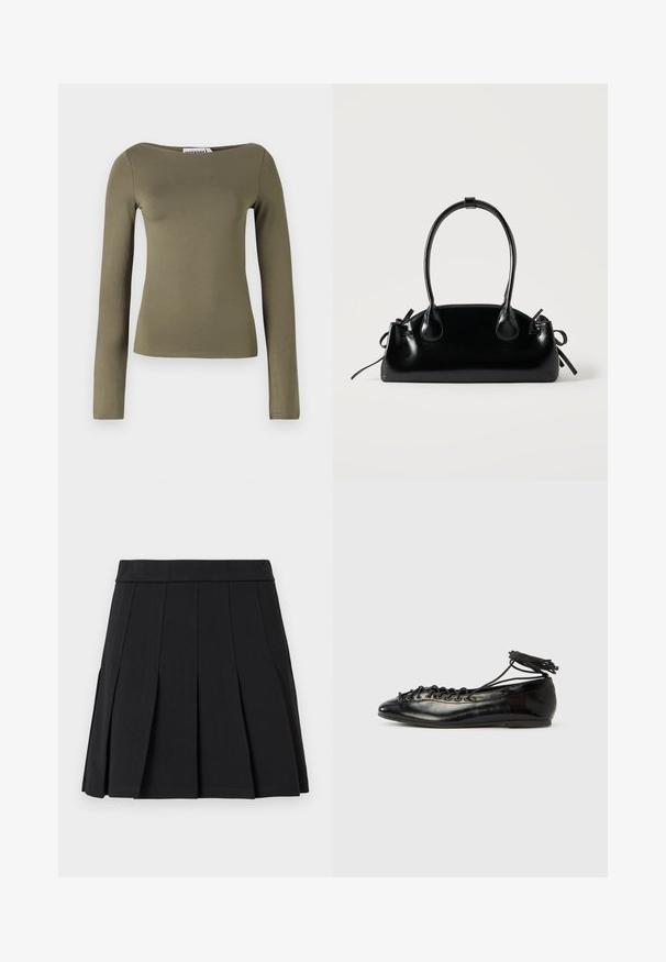 Top verde oliva de manga larga con un diseño ajustado, hecho de una tela suave y elástica con un escote ancho y costuras mínimas.; Falda negra plisada hecha de un material liso. Cuenta con una cinturilla ancha y múltiples pliegues tipo cuchillo que se extienden verticalmente.; Zapatos planos tipo ballet de charol negro con punta redondeada, diseño con cordones y suela plana. Textura lisa con detalles mínimos.; Pequeño bolso negro brillante con dos asas largas y detalles de cordón lateral sobre un fondo claro liso.
