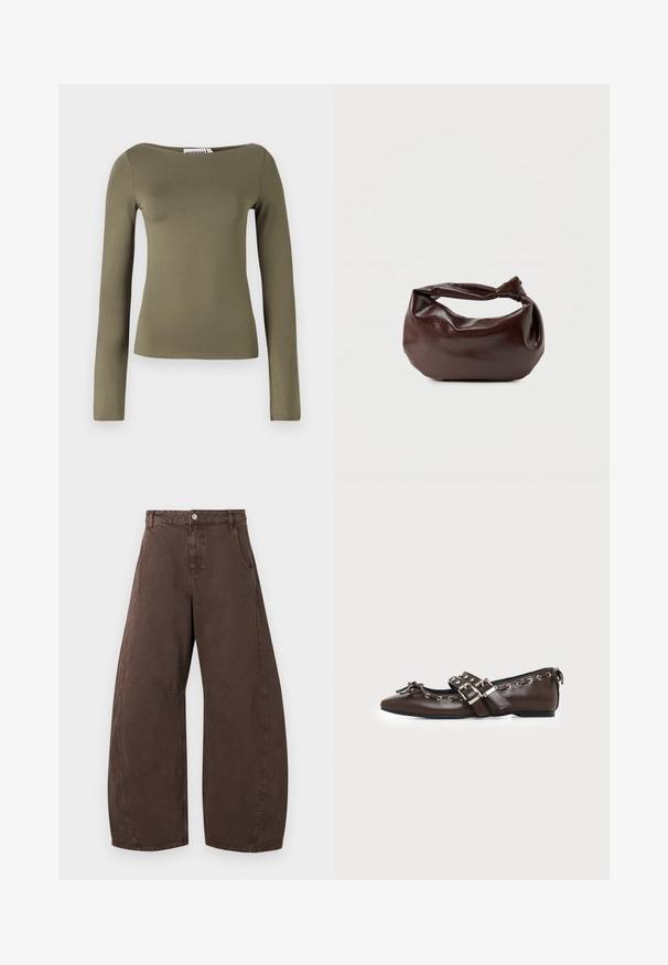 Top verde oliva de manga larga con un diseño ajustado, hecho de una tela suave y elástica con un escote ancho y costuras mínimas.; Pantalones marrones anchos de pierna con cintura alta, cierre frontal con botón y cremallera, y bolsillos laterales, exhibidos planos sobre fondo blanco.; Zapato plano de cuero marrón oscuro con puntera puntiaguda, doble hebilla plateada, ojales metálicos y lazo decorativo en la parte delantera.; Bolso de hombro de cuero marrón oscuro con una forma suave y caída, y un asa con nudo torcido sobre un fondo blanco liso.