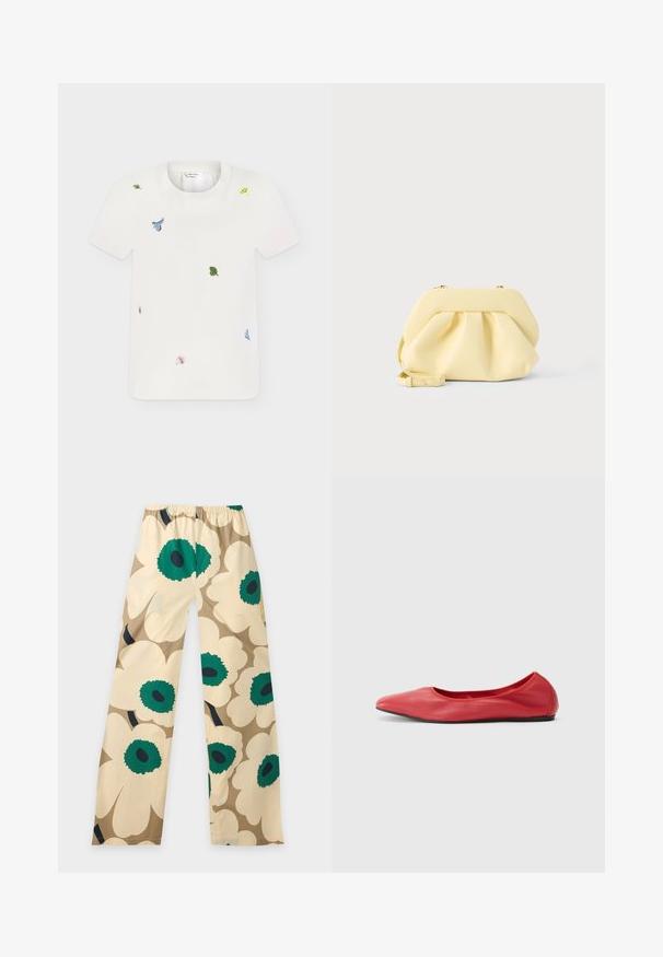 White short-sleeve t-shirt with small colorful embroidered floral and leaf patterns scattered on the front.; Beige wide-leg pants with large floral print featuring cream petals and green centers, displayed on a plain light background.; Filippa K REY FLATS - Ballet pumps - bright red; Soft yellow leather clutch bag with gathered design and a detachable strap, set against a plain light background.