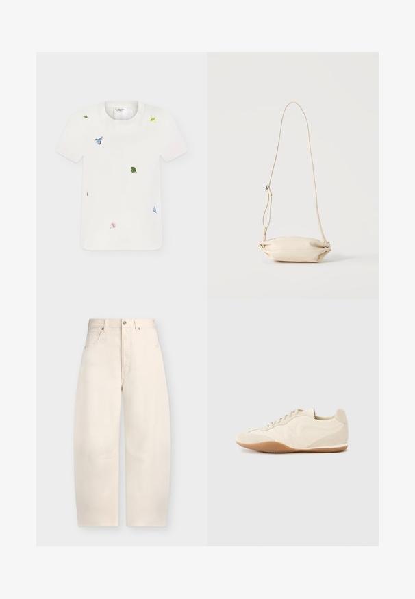 White short-sleeve t-shirt with small colorful embroidered floral and leaf patterns scattered on the front.; Off-white wide-leg pants with high waist, front button and zipper, belt loops, and two front pockets on a plain background.; Light beige sneakers with a textured leather upper, textured side panels, and a rubber sole. Features a slim, streamlined design and flat laces.; Small beige leather crossbody bag with adjustable strap, displayed against a plain light background.