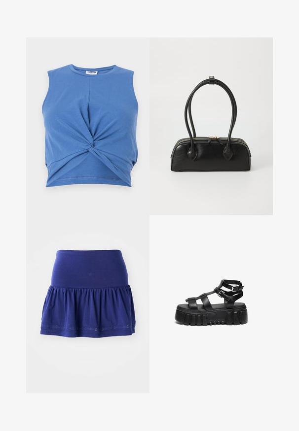 Modrý bezrámový crop top má uzlový predný dizajn. Je vyrobený z mäkkého, elastického materiálu s hladkou textúrou. Okrúhly výstrih.; Námornícky modrá sukňa z úpletu s naberaným dnom, elastickým pásom a dekoratívnym vyšívaným lemom pozdĺž spodného okraja. Mäkkučký, ľahký materiál.; Čierne platformové sandále majú vrstvené popruhy a akcenty na pracke, s robustnou, textúrovanou podrážkou a hladkým dizajnom stielky.; Čierna kožená kabelka s dvoma predĺženými ušami, zipsovým uzáverom a zaobleným tvarom; hladký povrch s jemným lesklým nádychom.