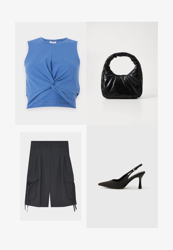 Blauwe mouwloze cropped top met een geknoopte voorkant. Gemaakt van zachte, rekbare stof met een gladde textuur. Ronde halslijn.; Zwarte cargoshorts tot op de knie met plooien, riemlussen, schuine zijzakken en klepzakken met verstelbare koorden op elke pijp.; Zwarte slingback hakken met een spitse neus, een gladde matte afwerking en een slanke, glanzende hak. Verstelbare band met een klein gespdetail.; Zwarte gevoerde handtas met een ronde handgreep, met een gladde, glanzende oppervlakte en een zachte, gewatteerde textuur. Geen zichtbare metalen onderdelen of accenten.